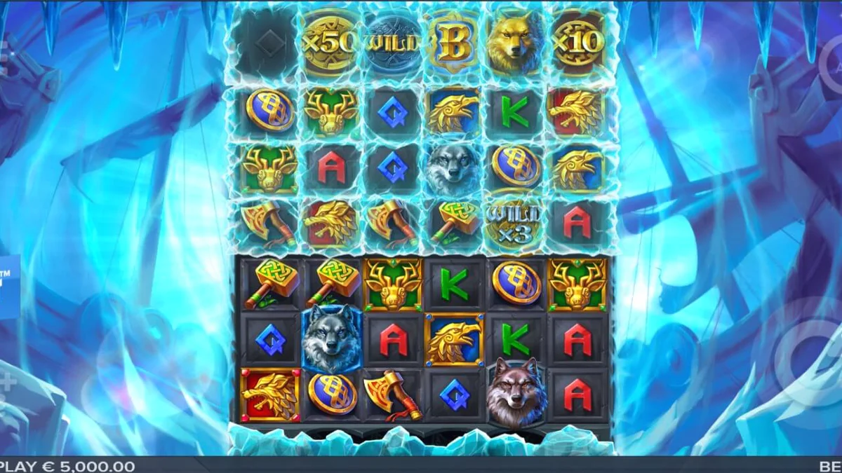 Isang visual na representasyon ng Ice Wolf 2 slot na nagpapakita ng nagyeyelong grid at mga simbolo ng lobo.