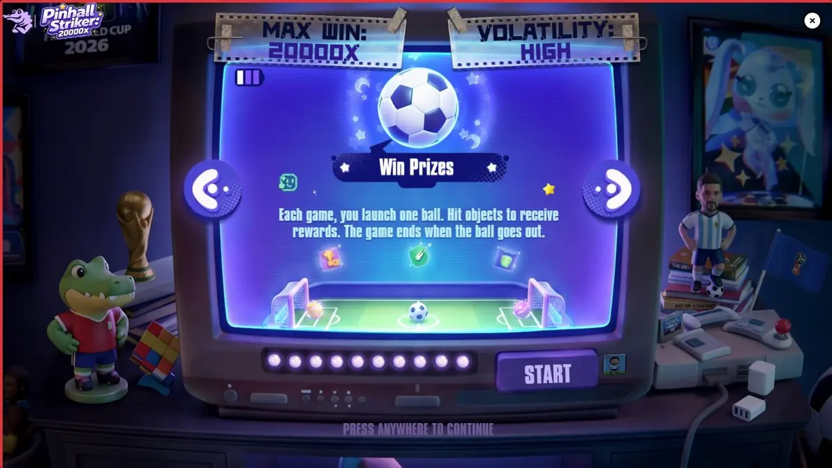 Isang neon-lit na football stadium na may pinball flippers at mga soccer ball, na nagpapakita ng Pinball Striker 20,000x slot game.